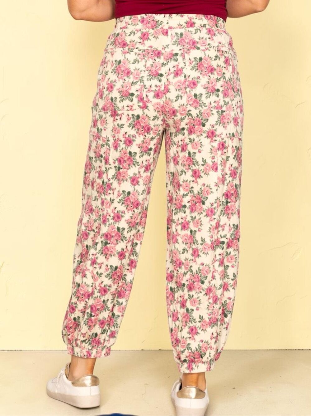 BiBi Floral Jogger Pants Pink Rose Drawstring Twill Elastic Waist Large NEW - Picture 3 of 12